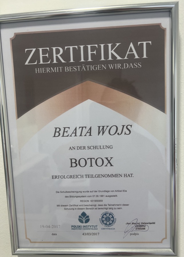 Botox-Schulungszertifikat von Beata Wojs