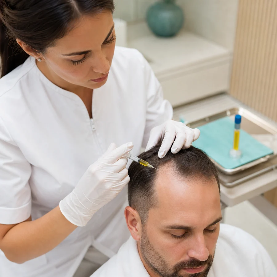 PRP-Eigenblutbehandlung der Kopfhaut bei einem Mann mit Haarausfall