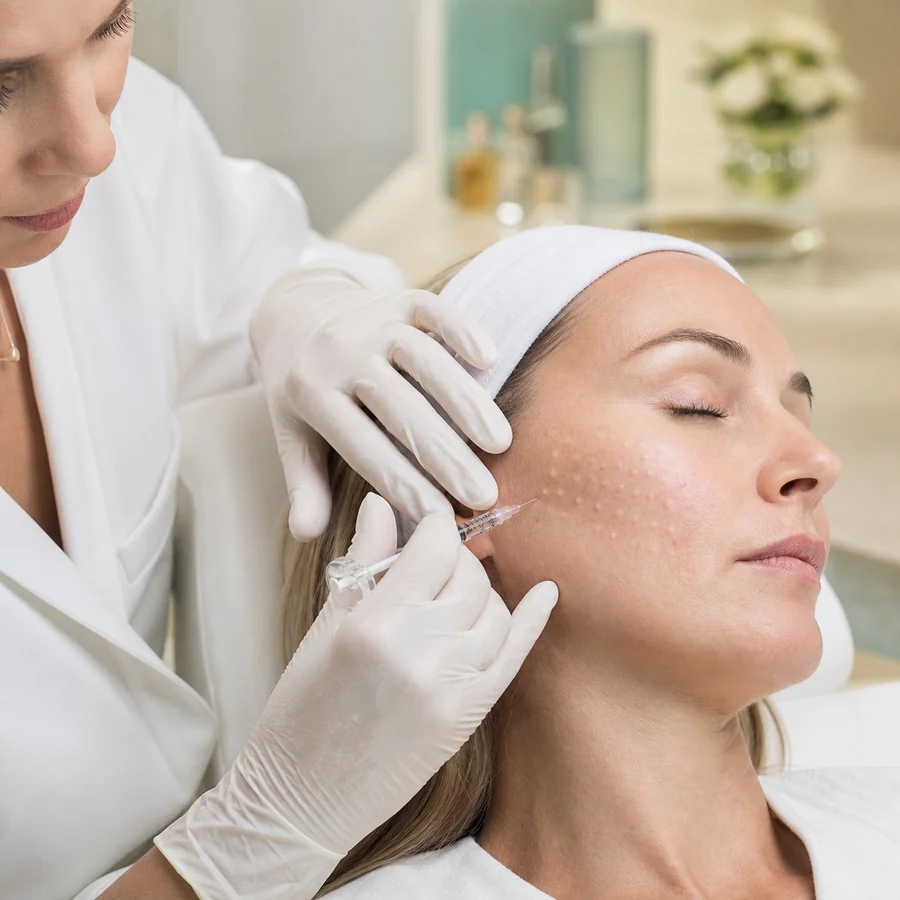 Mesotherapie mit feinen Mikroinjektionen an der Wange
