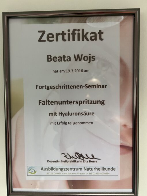 Zertifikat Faltenunterspritzung mit Hyaluronsäure von Beata Wojs