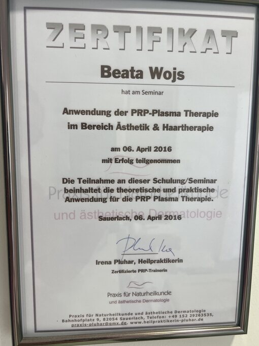 Zertifikat PRP Plasma Therapie von Beata Wojs